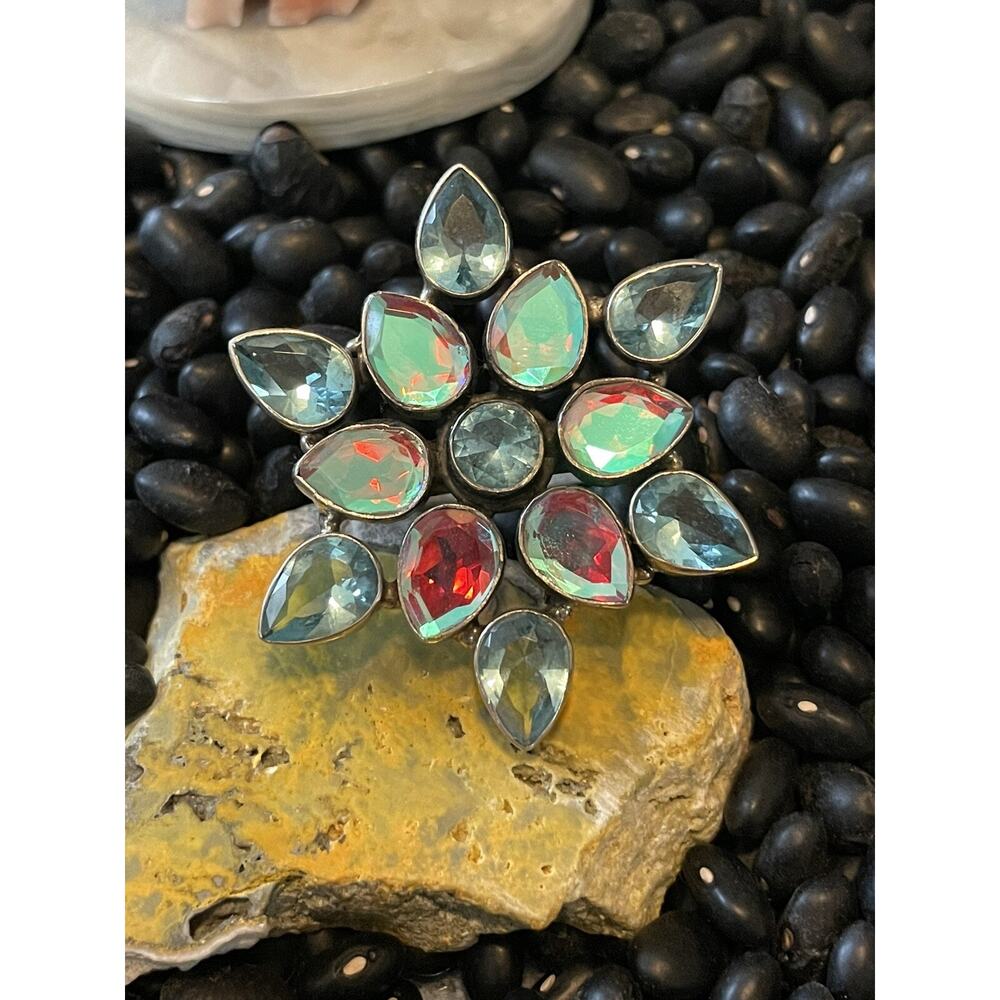 Native Sw Sterling Faceted Multi-stone Blue Green Rainbow Borealis Cluster Ring - Picture 8 of 12
